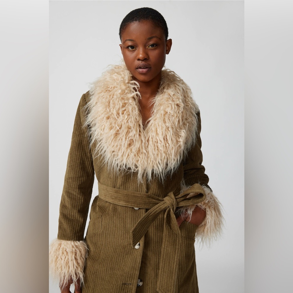 NWT Urban Outfitters Tasha Corduroy Faux Fur Trim Trench Coat Green XL - Picture 2 of 10